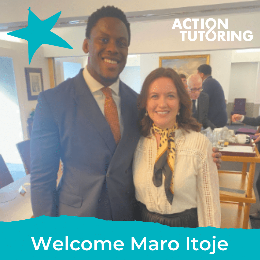 A picture of Action Tutoring ambassador Maro Itoje with Action Tutoring CEO Jen Fox. They are both smiling at the camera and wearing formal clothes.