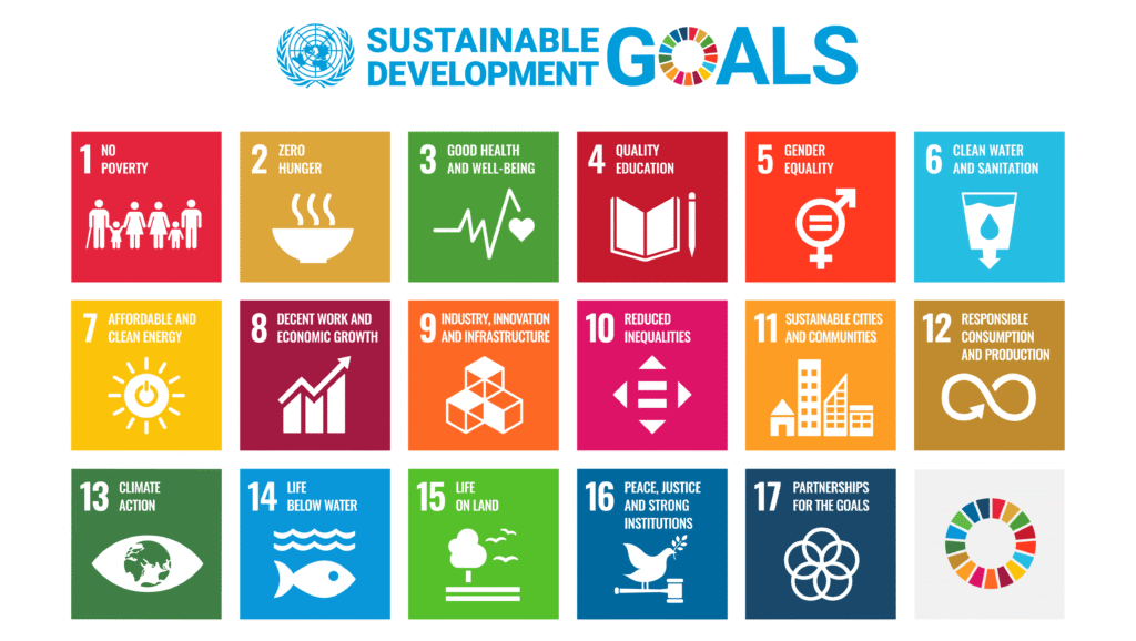 A picture of the UN's sustainable development goals. The picture is a multicoloured graphic which features all 17 goals in brightly coloured squares, ranging from no poverty, to partnerships for the goals.